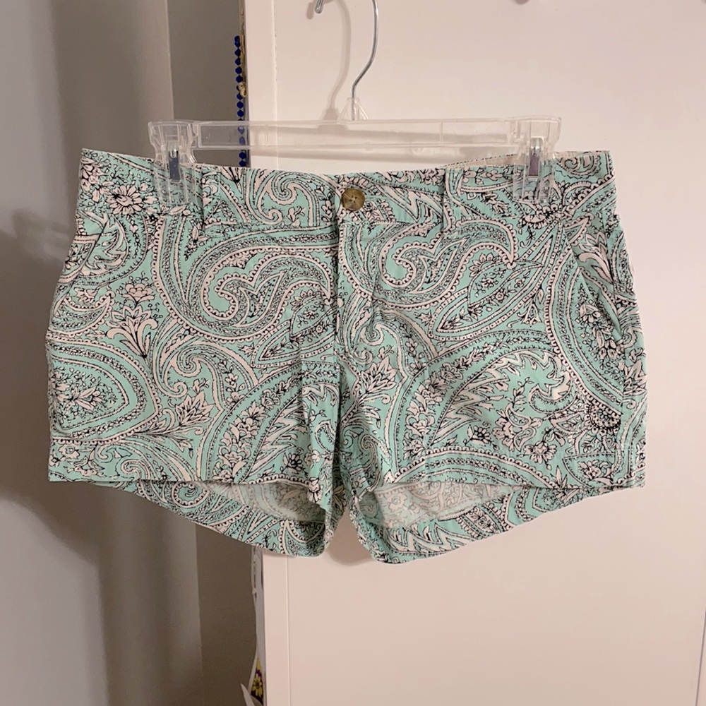 Blue black and white print cotton shorts